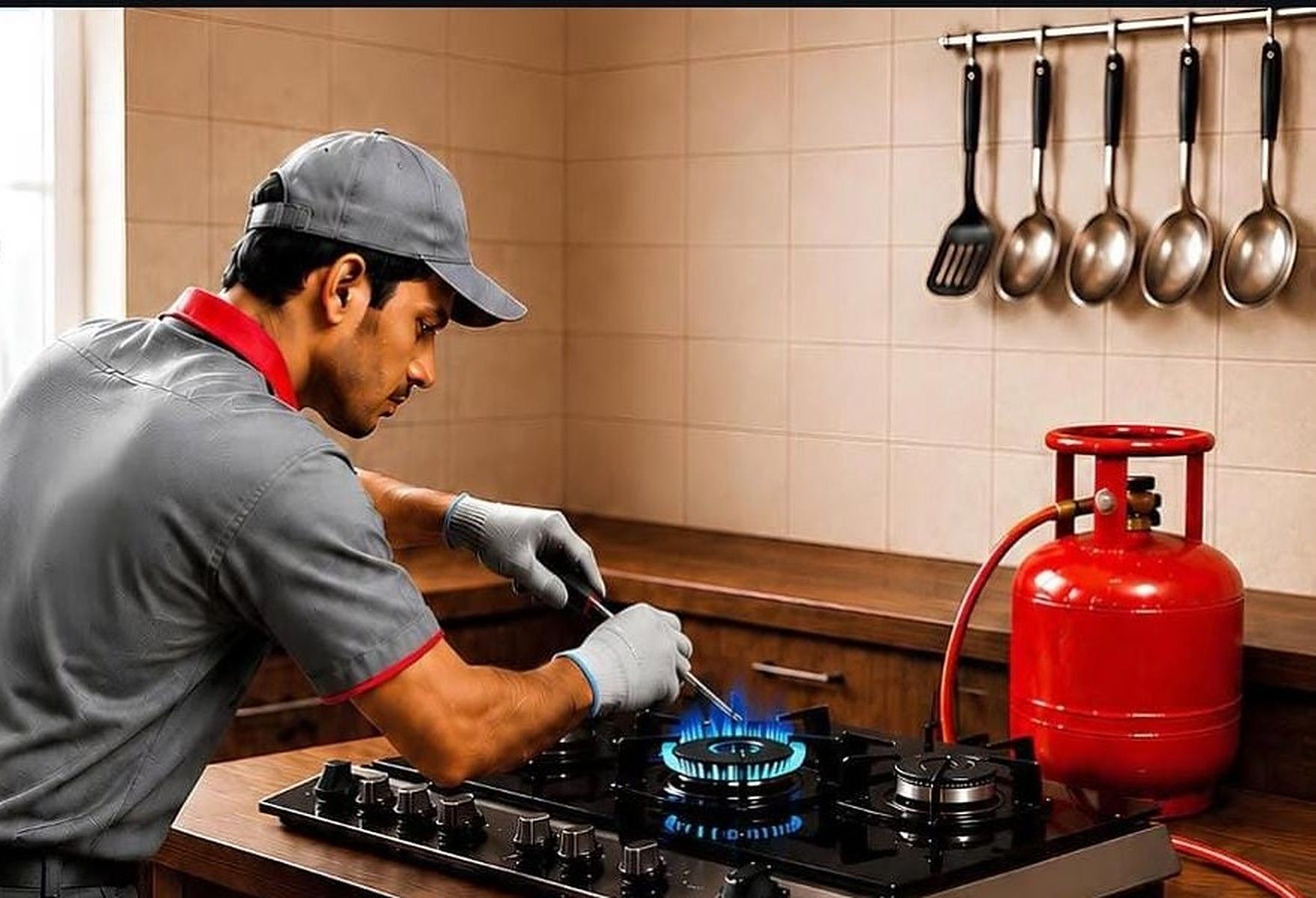 Technician cleaning and adjusting a gas stove burner